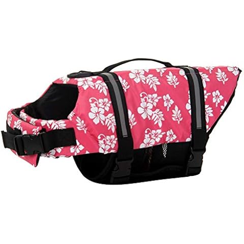 ChezAbbey Dog Life Jacket Adjustable Dog Lifevest Swimsuit Safety Vest Apparel Lifesaver Coat for Small Large Cats Puppy Kitty with Handle Reflective for Swimming and Boating Pink Flower L Cover