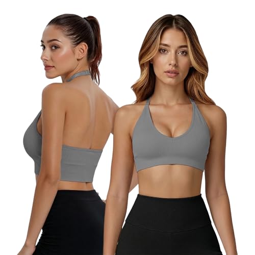 Image of Fiohiros Deep V Neck Sports Bras for Women, Seamless Open Back Removable Pads Adjustable Neck Strap Wireless Workout Yoga Crop Top Bra (UK, Alpha, M, Regular, Regular, Dark Grey)