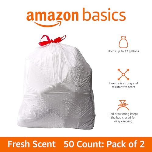 Image of Amazon Basics Flextra Strength Tall Kitchen Drawstring Trash Bags,Fresh Scent,Tear Resistant,13 Gallon,50 Count (Pack of 2)