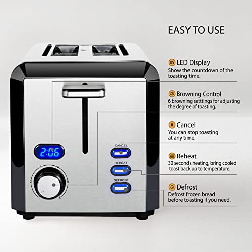 Toaster 2 Slice Stainless Steel Digital Toaster With Countdown Timer, Easy To Use, 800W, 6 Toast Settings, Reheat, Defrost, Cancel Functions, Removable Crumb Tray, Extra Wide Slots Bread Toaster #TOP2
