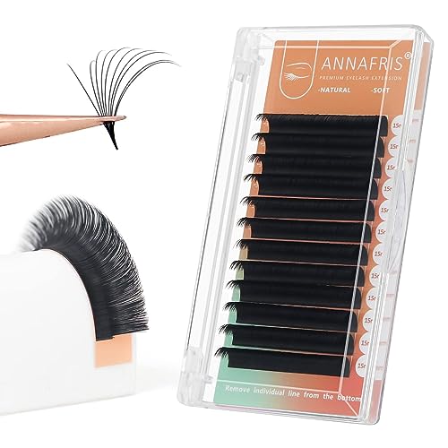 ANNAFRIS Easy Fan Eyelash Extension Automatic 1S Flowering 0.07 D Curl 15mm Individual False Lashes Natural Soft Matte Black Volume Lash Extensions supplies (0.07 D, 15mm)