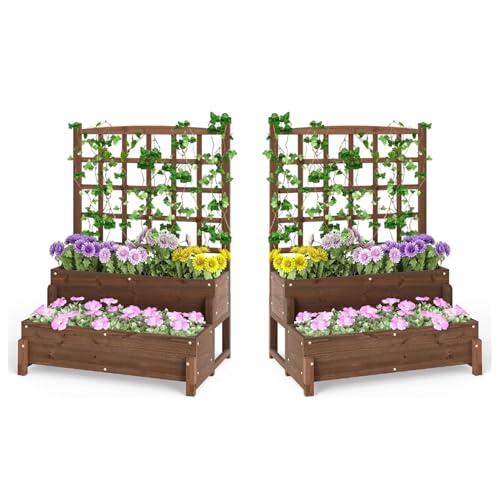 CHEFJOY Planter Box with Trellis Set of 2, 2-Tier Wood