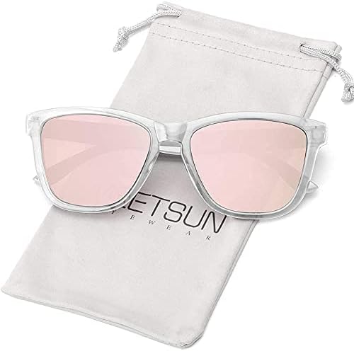 MEETSUN Polarized Sunglasses for Women Men Classic Retro Designer Style (Clear Frame/Pink Mirrored Lens, 54)