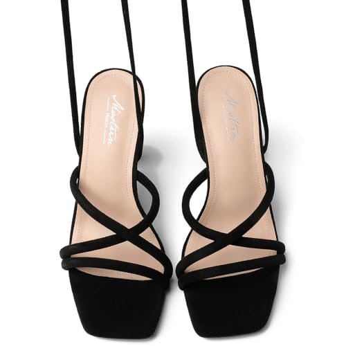 Image of Mostrin Womens Sandals Strappy Heels for Women Lace Up Square Open Toe Heels Tie Up High Heeled Sandals for Prom, Party, Daily Wear