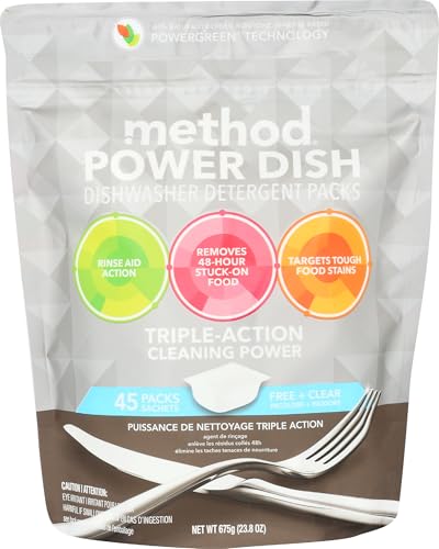 Method Dishwasher Detergent Packs, Fragrance Free + Clear, Dishwashing Rinse Aid to Lift Tough Grease and Stains, 45 Dishwasher Tabs per Package, (Pack of 1) Method Dishwasher Detergent Packs, Fragrance Free + Clear, Dishwashing Rinse Aid to Lift Tough Grease and Stains, 45 Dishwasher Tabs per Package, (Pack of 1)