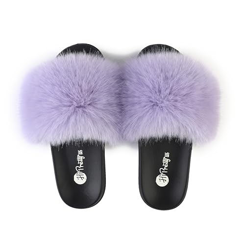 Image of Women's Faux Fur Slides, Open Toe Cute Fur Slippers, Indoor or Outdoor Comfortable Furry Slide Sandals With Fluffy Fur