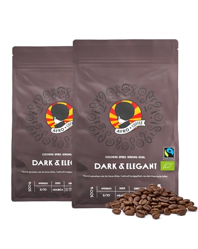 AFRO COFFEE Dark & Elegant 1kg I 2x 500g Premium Bio Kaffeebohnen Fairtrade I 100% Arabica Bohnen I Bohnenkaffee aus Äthiopien mit Noten von Bitterschokolade I handgepflückt, dunkel geröstet, säurearm