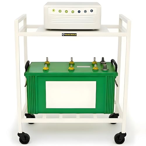 Image of Heavy-Duty 2-Tier UPS & Inverter Stand - Metal Battery Trolley with Dual Shelf Storage, 360 Smooth Caster Wheels, Strong Load Capacity 100Kg+ for Home & Office (White)
