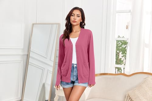 Image of Women's Lightweight Button Down Cardigan Sweaters Long Sleeve Classic V Neck Knit Soft Shrugs with Pocket