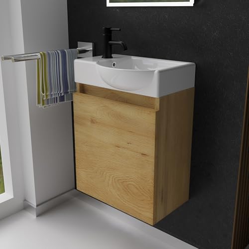Alpenberger - Lavabo de baño con armario bajo para invitados, pequeño mueble de baño de 45 cm de ancho, lavabo con armario para debajo del lavabo (roble natural, lavabo - lado derecho)