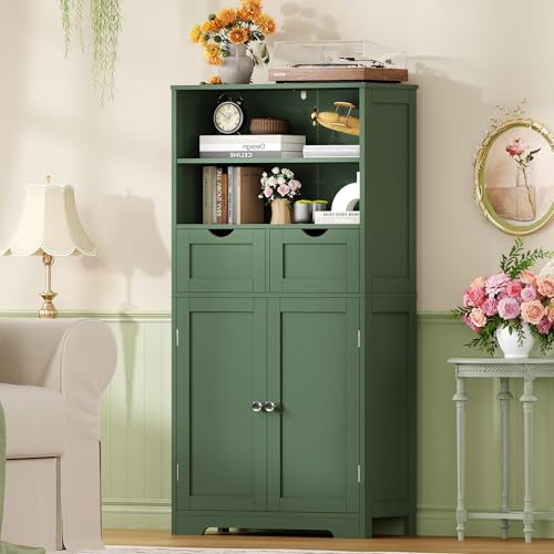 Image of Iwell Bathroom Storage Cabinet with Adjustable Shelf, Storage Cabinet with Doors, Kitchen Pantry Storage Cabinets, Cupboard, for Living Room, Dining Room, Entryway, Green