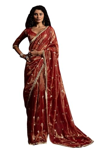Svayi Women’s Net Gold sequins Embroidery butti with zari woven border work Saree for Wedding Festive Party Style Sari with Blouse Piece (SR1285-Orange)