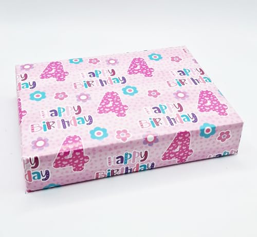 4 Sheets + 4 Gift Tags 4th Birthday Girl Pink Wrapping Paper Age 4 Cute Birthday Giftwrap Pink (PA)