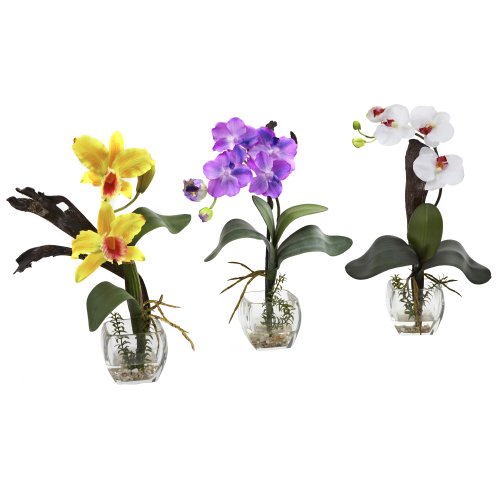 Nearly Natural 1339-A2-S3 Mixed Orchid with Cube Arrangements, Yellow/Purple/White, Set of 3