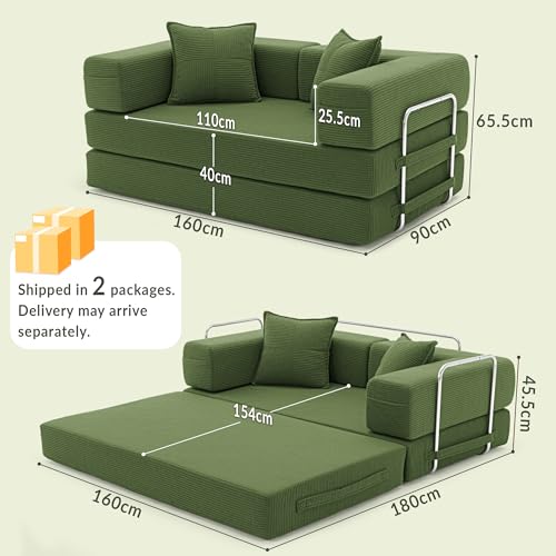 Canapé Lit Pliant 160cm Velours Côtelé Vert YINIX