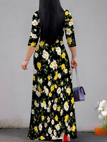 Image of PinkPatty Plus Size Maxi Dress for Women Casual V Neck 3 /4 Sleeve Boho Printed Long Dress with Pockets