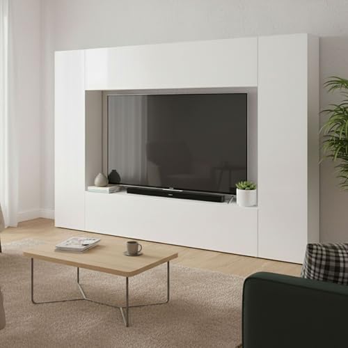 Dmora Parete Attrezzata Luigi 30x260x180h cm Bianco Lucido 11 Ripiani 4 Ante, Apertura Battente e a Ribalta Made in Italy