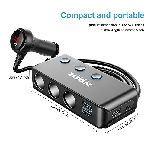 Cigarette Lighter Splitter, Nddi Power 12V/24V 3-Socket Car Adapter With 20W Pd3.0 Usb-C & Three Qc3.0 Usb Ports Cigarette Lighter Adapter, Led Display Voltage, Upgraded On Off Switch #TOP1