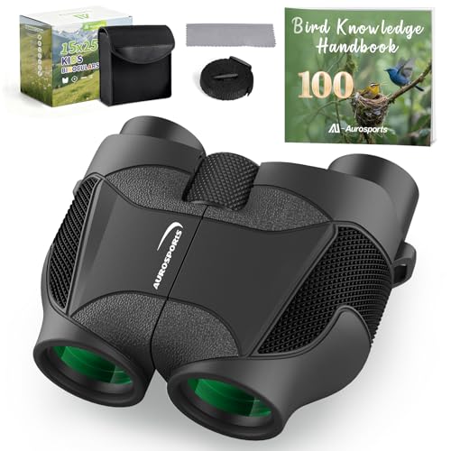 Aurosports 15x25 Compact Binoculars for Kids - Small Binoculars Lightweight with Carrying Case Birding Guide for Bird Watching Hiking Camping Travel Gift for 8-12 Years Boys Girls (Black)