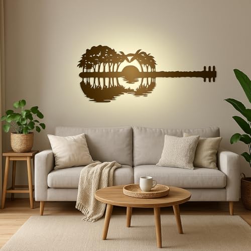 Image of METSY Wall Decor Metal Wall Decor Guitar Art|Wall Hanging Decor Abstract Guitar Sunset With Palm trees For Home Decoration with backlit (90cmx 38cm x1.2mm)