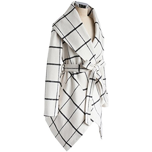 CHICWISH Women's Turn Down Shawl Collar Open Front Off-White Grid Asymmetric Hemline Wool Blend Coat