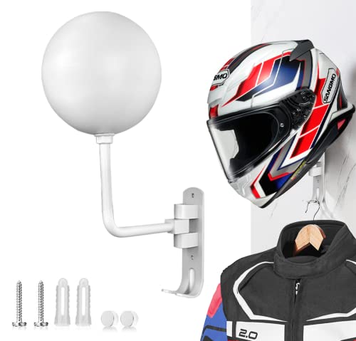 SNAGMO White 180° Motorcycle Helmet Rack, Rotation Metal Helmet Holder Wall Mounted Helmet Rack Motorcycle with 2 Hooks Helmet Hanger for Motorcycle Bike Coats, Caps, Baseballs, Rugby Helmet
