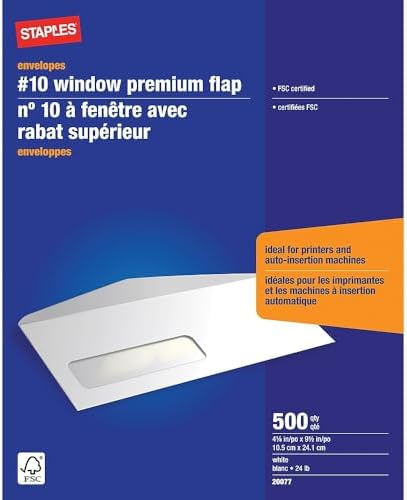 Office Window Flaps Staples Premium #10 Window Envelopes with Gummed Flaps - 4-1/8