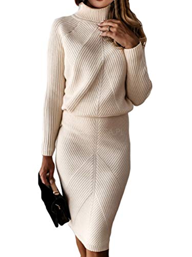 ORANDESIGNE Damen Strickkleid Zweiteiliger Anzug Pullover Oberteil und Midi Strickrock Bodycon 2 Stück Set Midikleid Rollkragen C Aprikose...