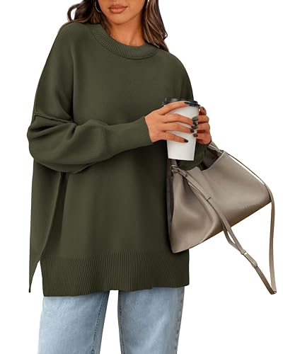PRETTYGARDEN Women's Oversized Sweater 2025 Casual Fall Outfits Crewneck Long Sleeve Side Slit Chunky Knit Pullover Tops