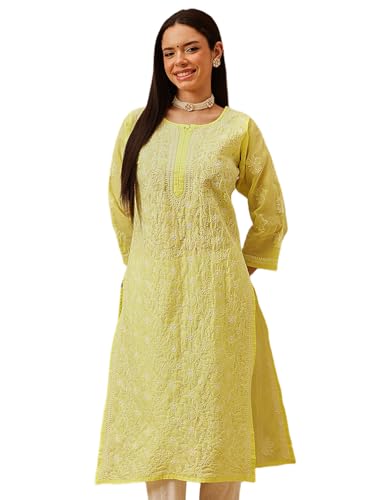 Image of Ada Women's Cotton Straight Fit Straight Hand Embroidered Lucknowi Chikankari Kurta Kurti A411165
