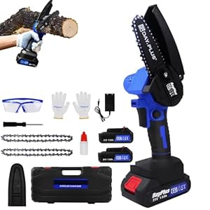 21V Akku Kettensäge mit 2x Akkus, 2 Kette, 6 Zoll Blau Kettensäge Elektrisch Handsäge Einhand Handkettensäge mit Sicherheitsschloss für Gartenarbeit Baumbeschneidung Holzschneiden