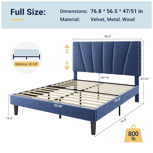 Image of Allewie Full Size Velvet Platform Bed Frame with Adjustable Headboard, Blue | Height-Adjustable Velvet Headboard, Rivet-Style Nailhead Trim, Wooden Slat Support, No Box Spring Needed, Easy Assembly