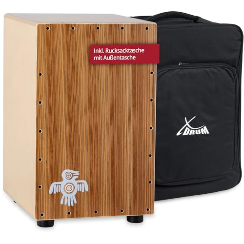 XDrum Cajon Peruana Zebrano (plateau de frappe 3 mm, corps en bouleau 9 mm, 48 cm de hauteur, sac à dos inclus)