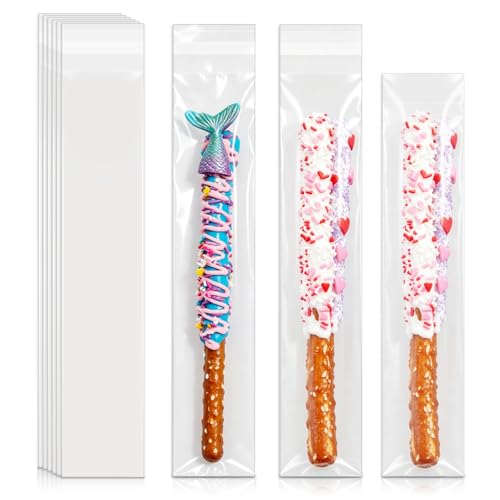 Self Sealing Pretzel Rod Bags, 400Pcs 2x10 Inches Clear Cellophane Bags for Pretzel Treats, Candy Melts, Cookie, Popsicle, Ice Pop (400)