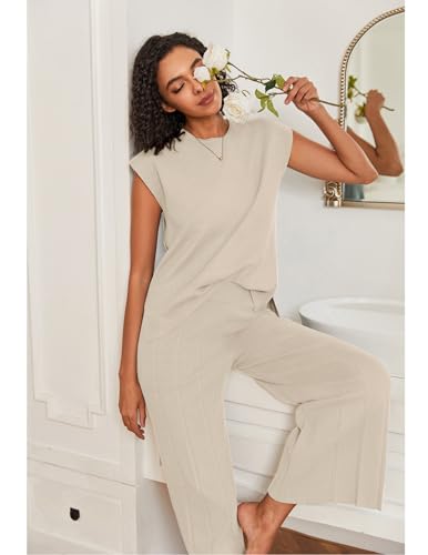 Image of Ekouaer Lounge Sets for Women Two Piece Outfits Knit Cap Sleeve Tops Wide Leg Pleated Pants Casual Dressy Sweater Sets