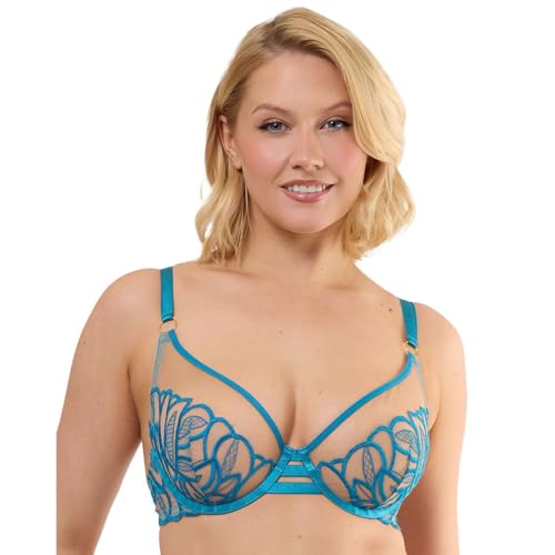 Playful Promises Lilith Teal Graphic Embroidery Underwired Bra for Women - Sheer Mesh Balconette Bra with Adjustable Satin Straps and Hook Back