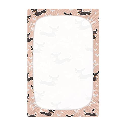 Image of Fitted Crib Sheets Cute Dachshund Dog Stretchy Portable Playard Sheets for Baby Toddler, Breathable Soft Mini Crib Mattress 52 x 28 in for Boys and Girls