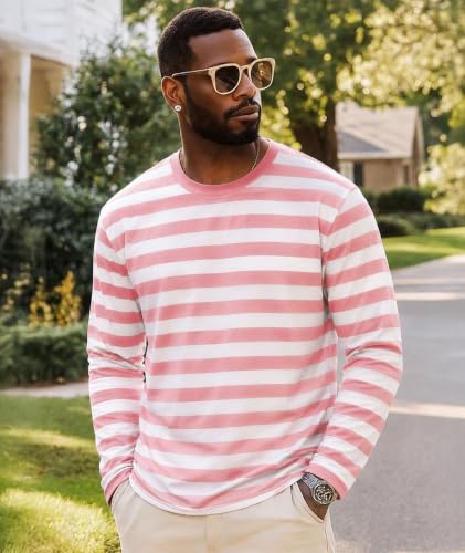 Image of KESIHAN Mens Striped Long Sleeve Shirt Crewneck Casual Basic Stripe Tee | Crewneck long sleeve striped tee with cotton spandex fabric,casual regular fit basic style for daily wear and layering.