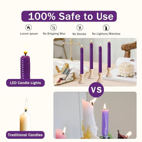 Image of Beeswax Honeycomb Flameless LED Taper Candles, 9.5 Inch Flickering Wax Candles with Remote & Timer, Purple Battery Operated Dripless Tapered Candle for Home Wedding Decor, 4 Pack