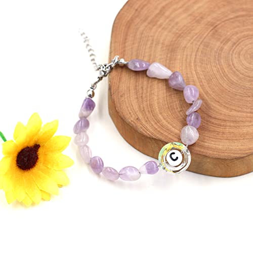 Image of Uloveido Purple Natural Stone and Austrian Crystal Letter Bracelet, Personalized Initial Jewelry for Women A-Z 26 Letters