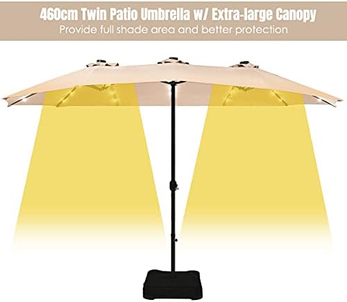 COSTWAY 4.6m Double-Sided Parasol with Base, Solar LED Lights and Crank Handle, Outdoor Extra Large Sun Umbrella, Large Market Sunshade Shelter Canopy for Garden Patio Beach Yard
