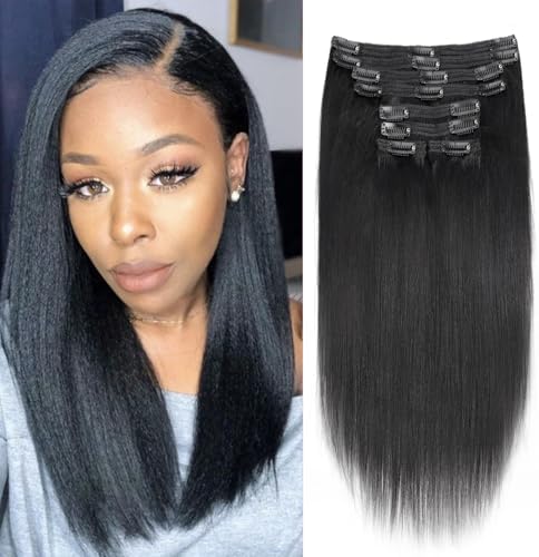 Yaki Straight Clip in Hair Extensions Real Human Hair Affordable12 Inch Yaki Straight Clip ins Human Hair Brazilian Virgin Hair clip on Hair Extensions 18Clips Per Set 120G