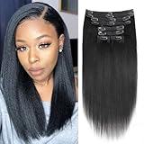 Mihugass 12 Inch Yaki-Straight Clip ins Real Human Hair Affordable Yaki Straight Clip in Human Hair Extensions Brazilian Virgin Hair clip on Hair Not Flat Low Shine 18Clips Per Set 120G #1B Color