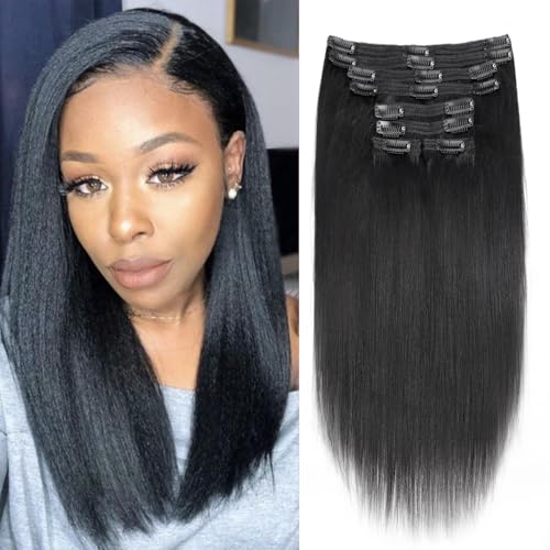 Mihugass 12 Inch Yaki-Straight Clip ins Real Human Hair Affordable Yaki Straight Clip in Human Hair Extensions Brazilian Virgin Hair clip on Hair Not Flat Low Shine 18Clips Per Set 120G #1B Color