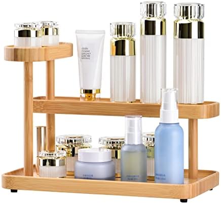 Bumtosc Bamboo Cosmetics Organizer for Bathroom Bedroom and Kitchen Multi Functional Storage Rack for Perfume Cosmetics Condiment Office Supplies Makeup Organizer for Vanity