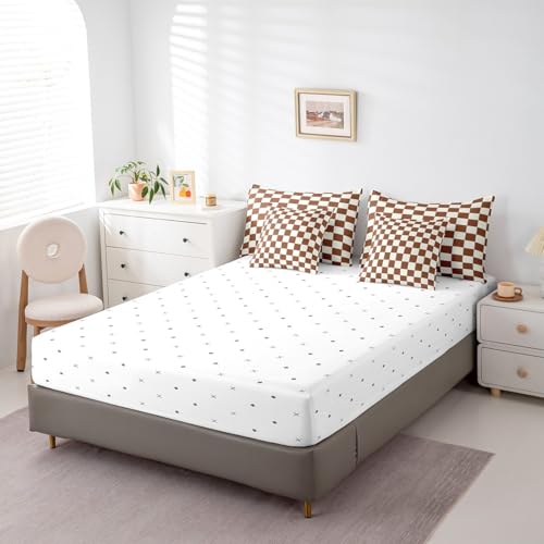 Image of Erosebridal Plaid Full Comforter Set 7 Piece Beige Caramel Brown Checkerboard Bed in A Bag with Sheets Geometric Checkered Bedding Set for Kids Boys Girls,Aesthetic Grid Bed Set