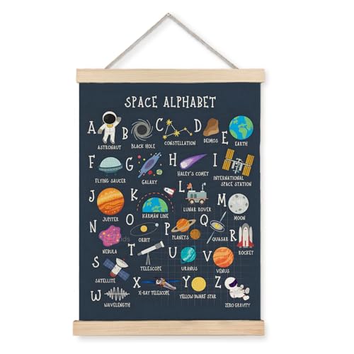 Image of LUVADIAN Space Themed Bedroom Decor,Alphabet Educational Poster Hanger Frame,Alphabet for Classroom Wall,Space Themed Classroom Decor Playroom Wall Art Decor,Space Decorations for Bedroom,12x16 Inches