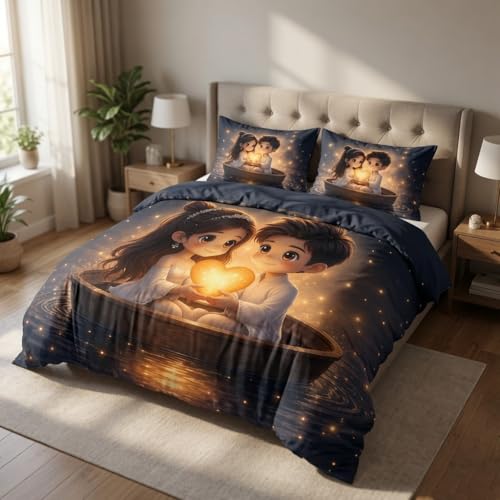 Image of 7D Printed King Size Bedsheet with 2 Pillowcases, Heart, 228x228cm