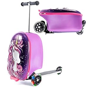 KIDDIETOTES 3-D Hardshell Ride On Suitcase Scooter for Kids – Cute Lightweight Kids Luggage with Wheels – Fun LED Lights