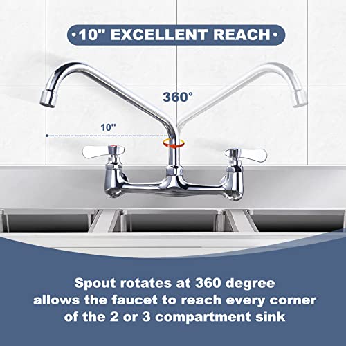 Iviga Commercial Sink Faucet With 10” Swivel Spout, 8" Center Wall Mount Kitchen Faucet, Dual Handles Brass Utility Sink Faucet For Laundry Room Restaurant Compartment Sink, Polish Chrome #TOP2